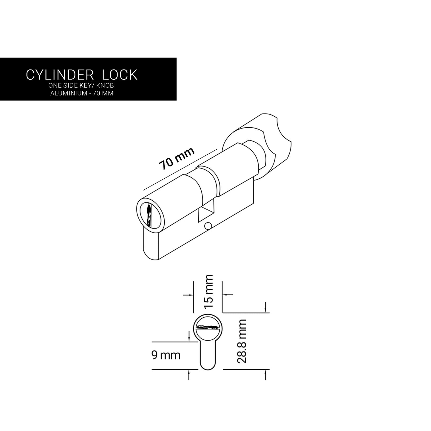 Cylinder Small Size - one side key/ knob - Aluminium - 70 mm