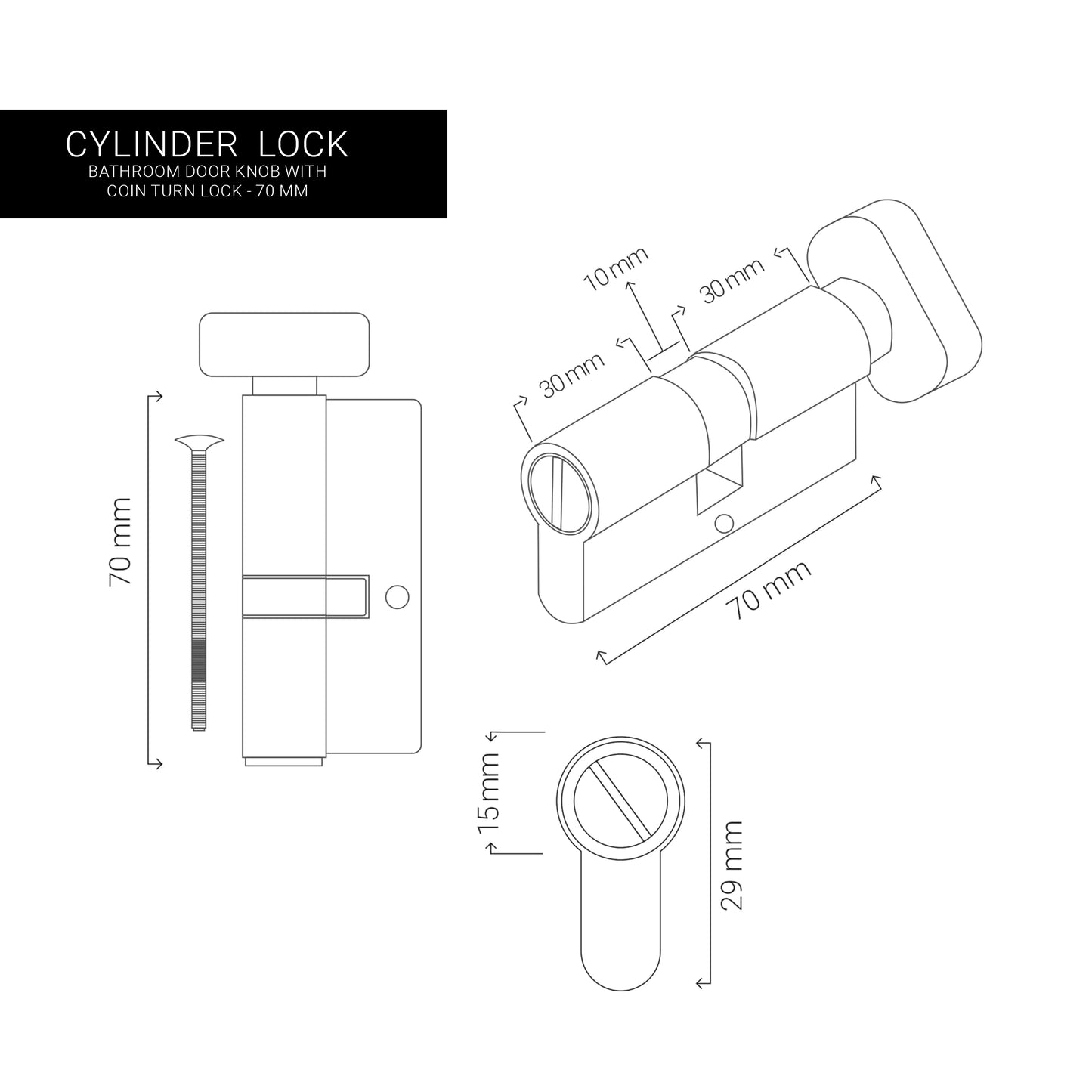 Cylinder Bathroom Door Knob with Coin Turn Lock - 70 mm