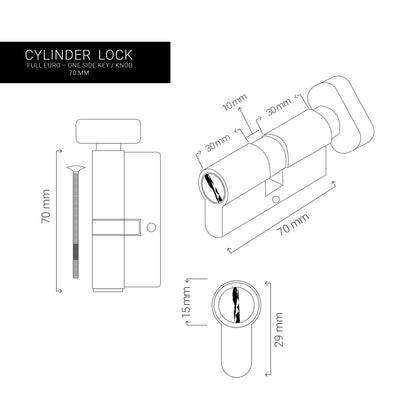 Cylinder – Full Euro – One side key / Knob - 70 mm